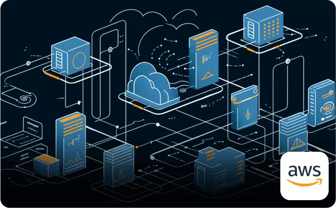 Expertise in AWS: Cloud computing infrastructure depicted through a network of interconnected servers and services, symbolizing our proficiency in Amazon Web Services.
